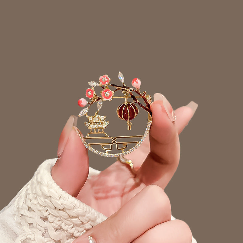 Chinese-style Red Plum Blossom Pavilion Ancient Tower Lantern Brooch