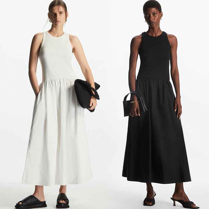 Black And White Two-color Casual Round Neck Stitch Stitching Vest Dress