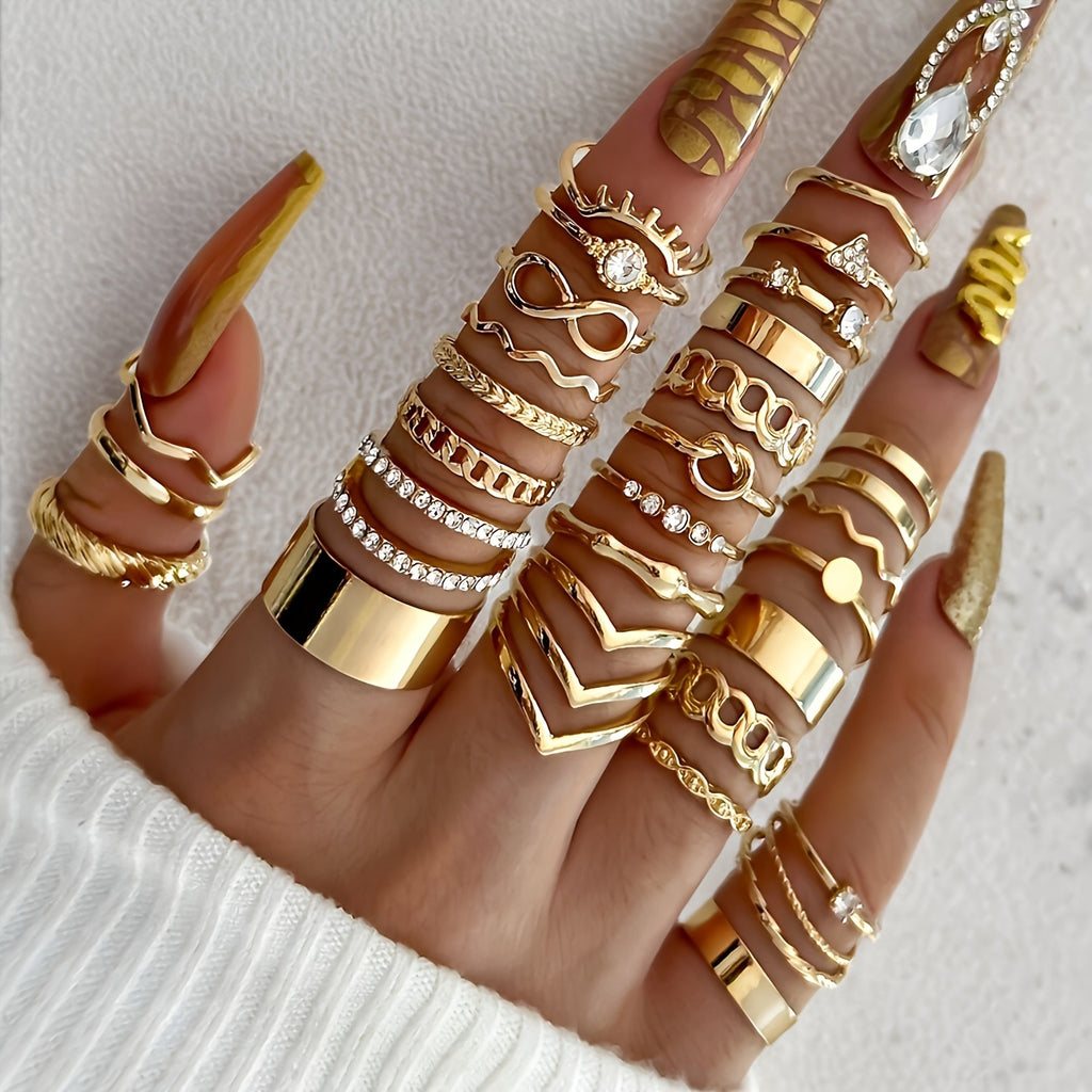 30Pcs Women's Punk Vintage Stackable Ring Set, Casual Geometric Wave Heart Shapes, Inlaid Faux Diamond & Pearl, Versatile For Daily Vacation Party Wedding, Perfect Valentine's Day Gift For Her