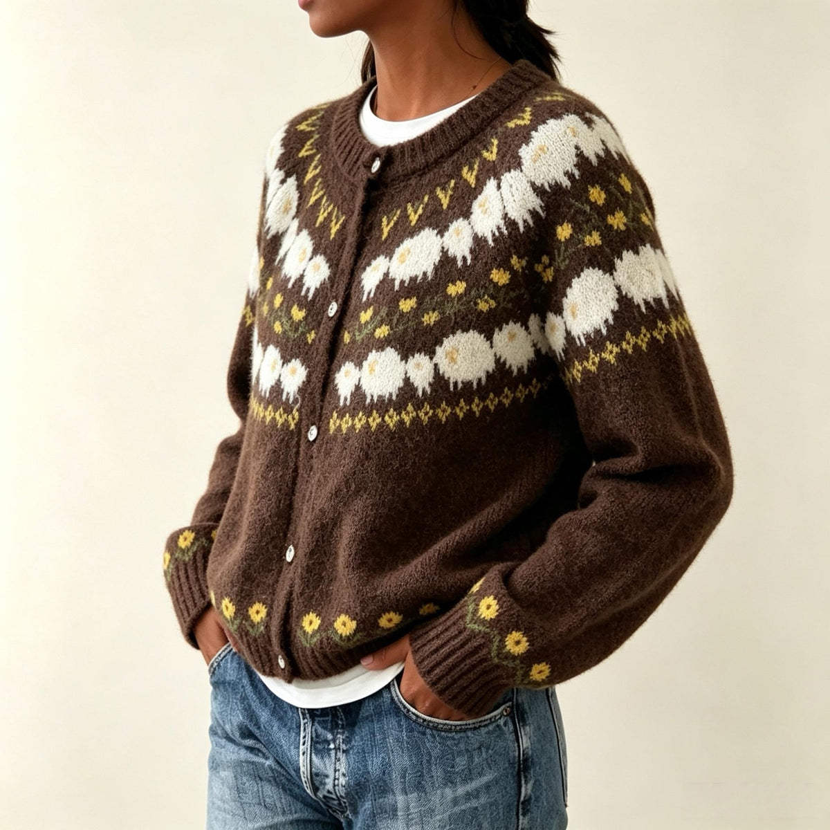 Cardigan en Maille Jacquard à Boutons