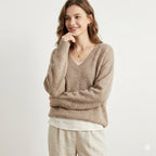 Pull Oversize en Maille Douce à Col V – Beige Chiné