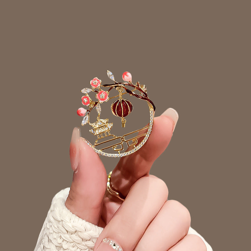 Chinese-style Red Plum Blossom Pavilion Ancient Tower Lantern Brooch