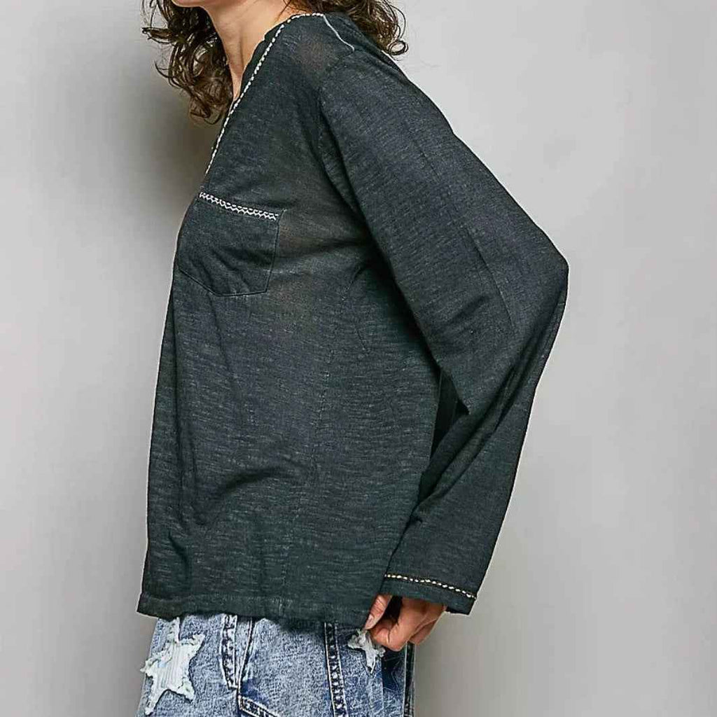 Vintage V-neck Distressed Long-sleeve Top
