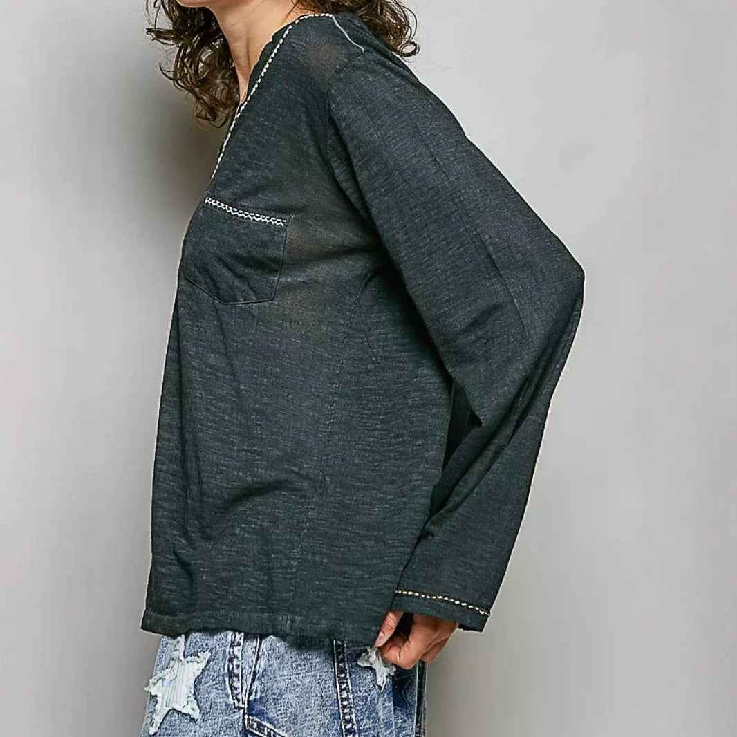 Vintage V-neck Distressed Long-sleeve Top