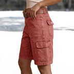 Short Cargo Denim Rouge Vintage Femme – Taille Haute & Poches Multiples
