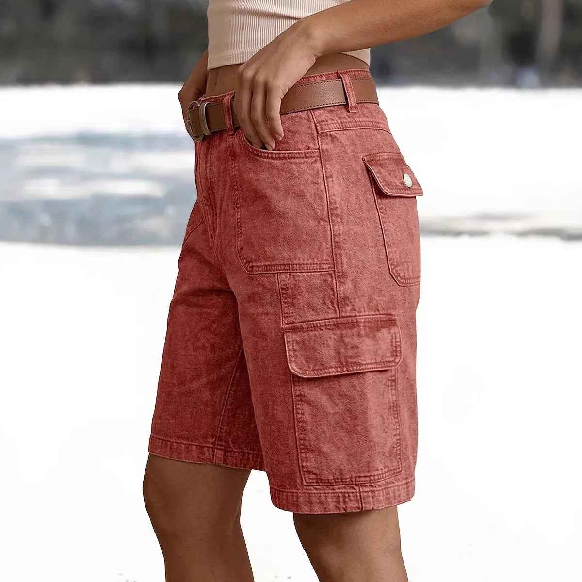 Short Cargo Denim Rouge Vintage Femme – Taille Haute & Poches Multiples