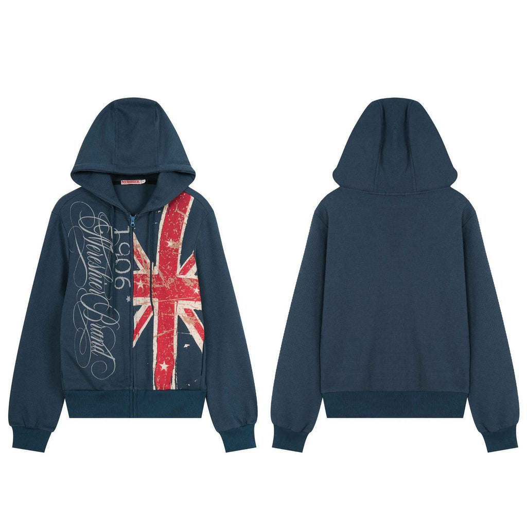 American-style Distressed Letter-print Hooded Zip-up Sweatshirt Jacket