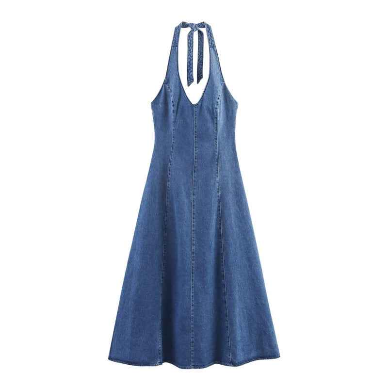 Robe Courte Effet Denim à Nouer – Encolure Américaine & Décolleté V