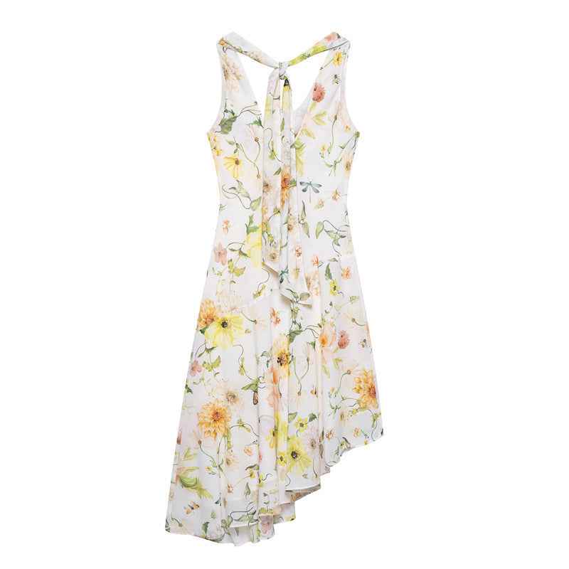 Summer Ethnic Print Irregular Skirt Sleeveless Swing Collar Dress
