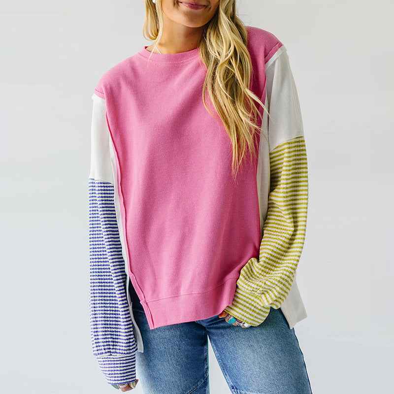 Autumn New Round-neck Pullover Women's Color Matching Long Sleeve