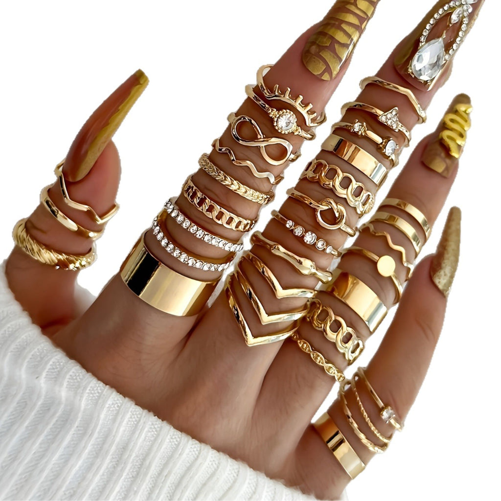 30Pcs Women's Punk Vintage Stackable Ring Set, Casual Geometric Wave Heart Shapes, Inlaid Faux Diamond & Pearl, Versatile For Daily Vacation Party Wedding, Perfect Valentine's Day Gift For Her