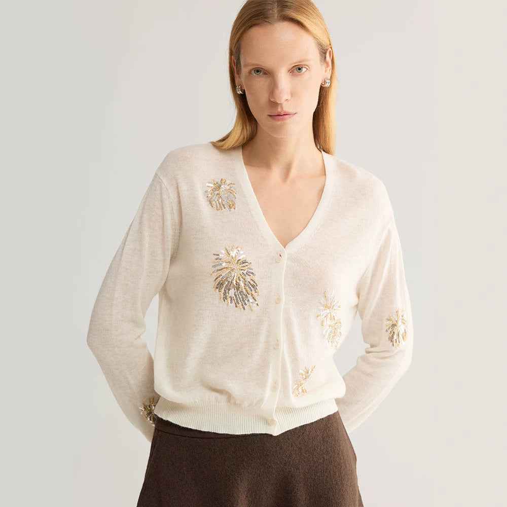 Sequin Firework Embellished Basolan Wool V-Neck Cardigan