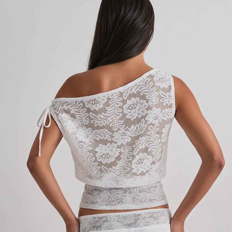 Solid-color Off-shoulder Lace-panelled Top With Tie Detail For Women